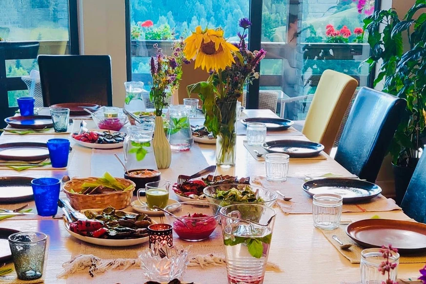 Team dining — group at long table